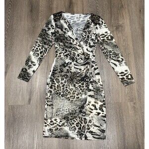 Cache Animal Print Faux Wrap Dress Sequin Beaded Shoulders Size M